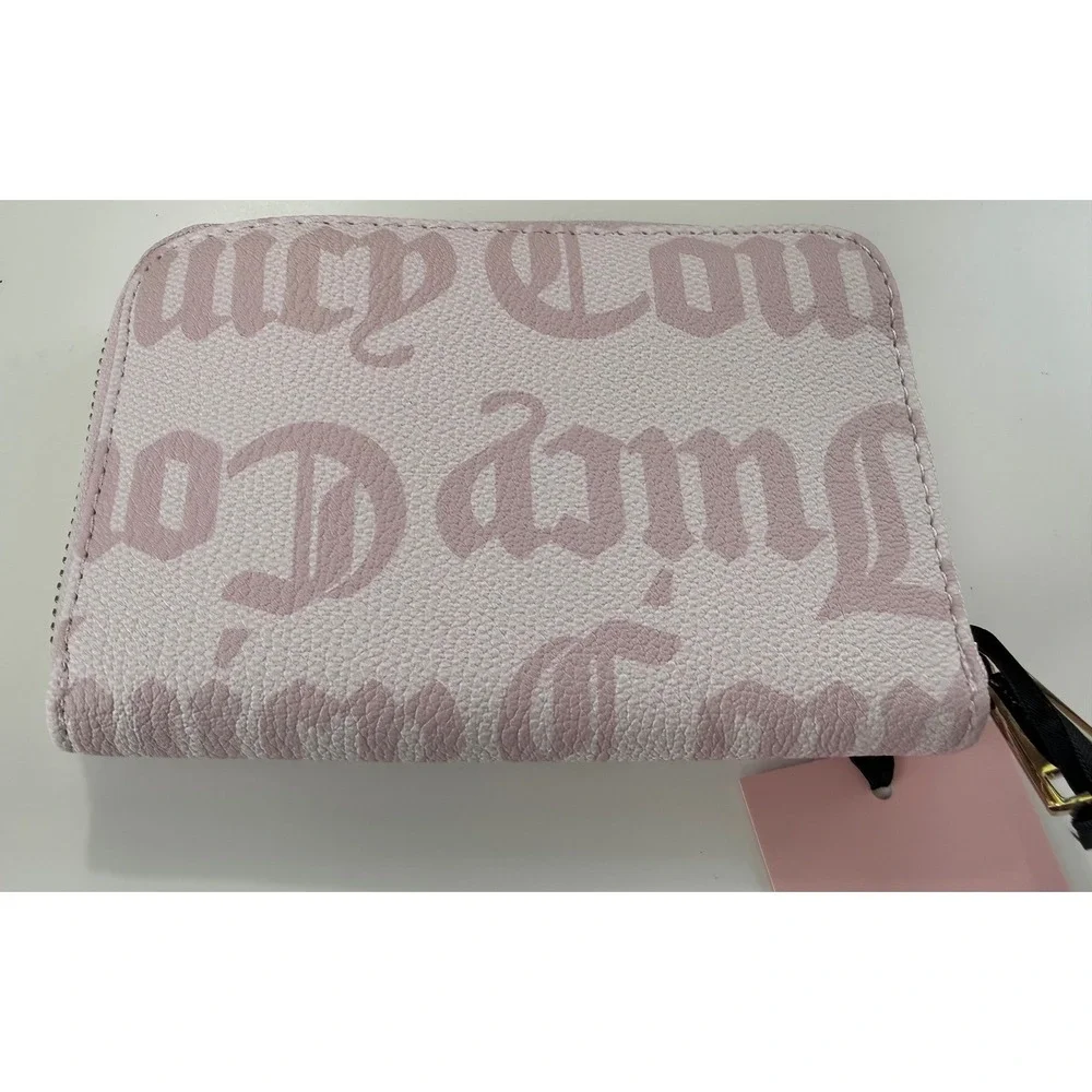 Juicy Couture Overstated Pink Gothic Logo Zip Around‎ Wallet Heart Charm NWT